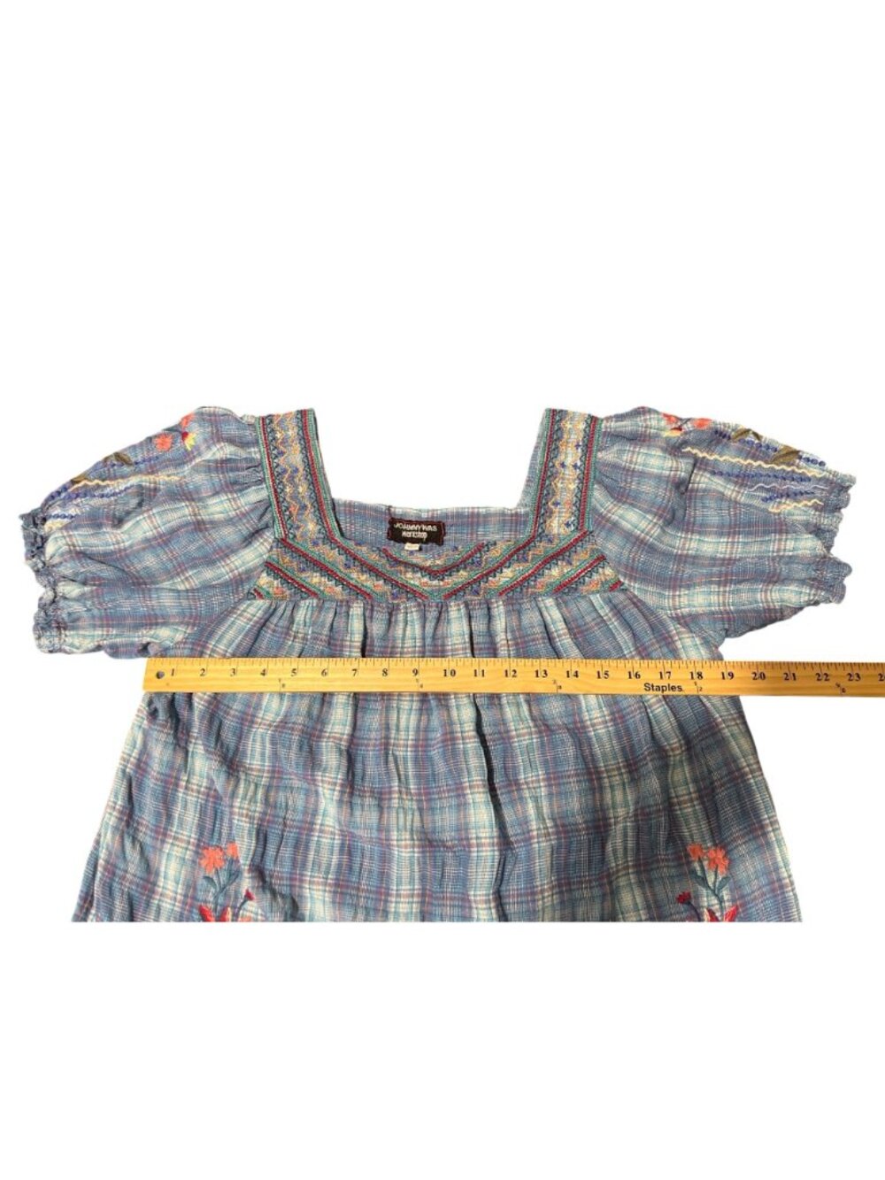 Johnny Was Workshop Women Size M Aimee Peasant Top Floral Embroidered Blue Plaid - Picture 7 of 8